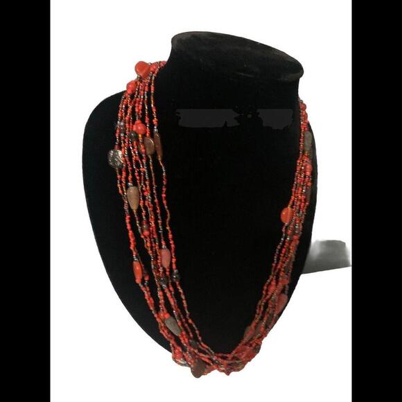 Coral Seed Bead 4 Multi Strand Necklace 14” Inch - Picture 3 of 7